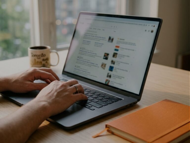 Hands on a laptop reviewing an advertising campaign dashboard