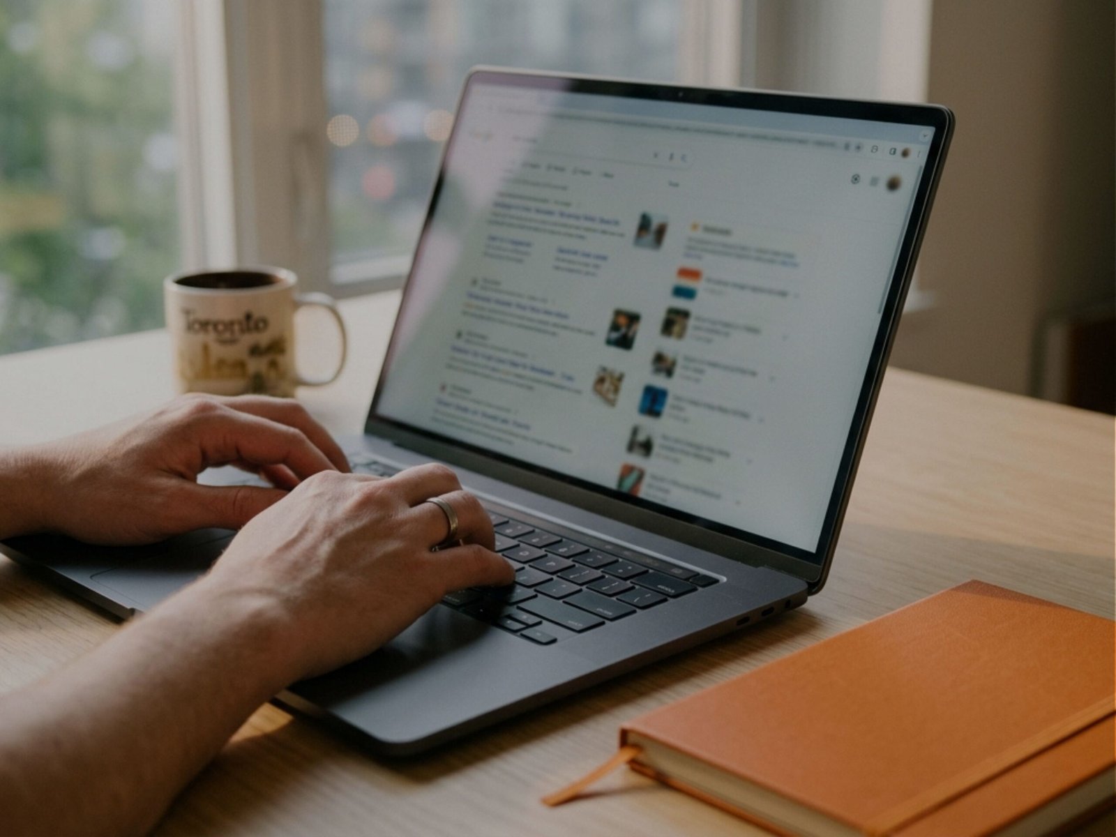 Hands on a laptop reviewing an advertising campaign dashboard