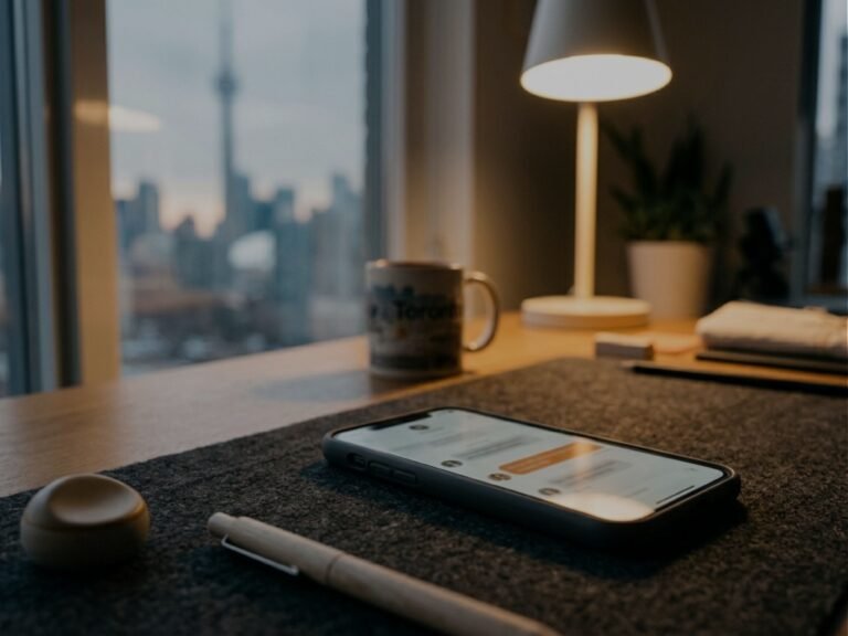 A phone on a desk at dusk showing an automated workflow