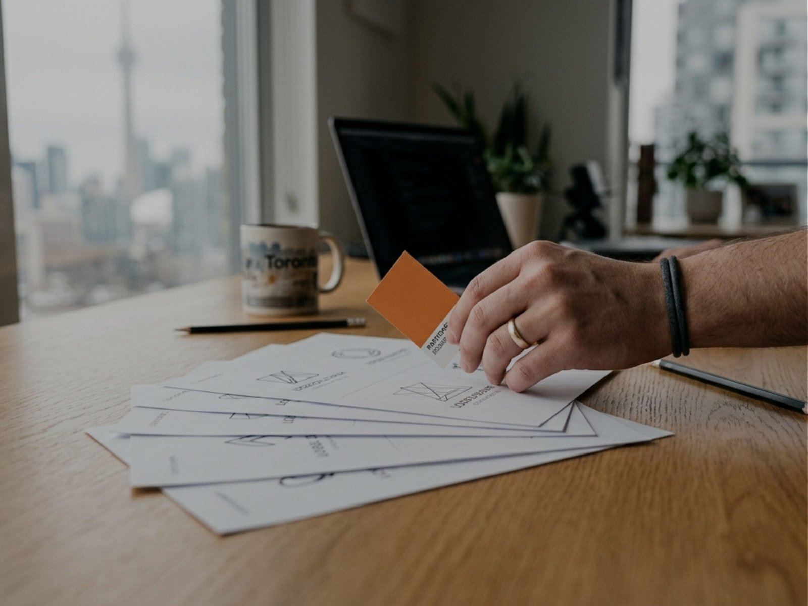 Printed brand sheets laid out on a desk with the Toronto skyline behind