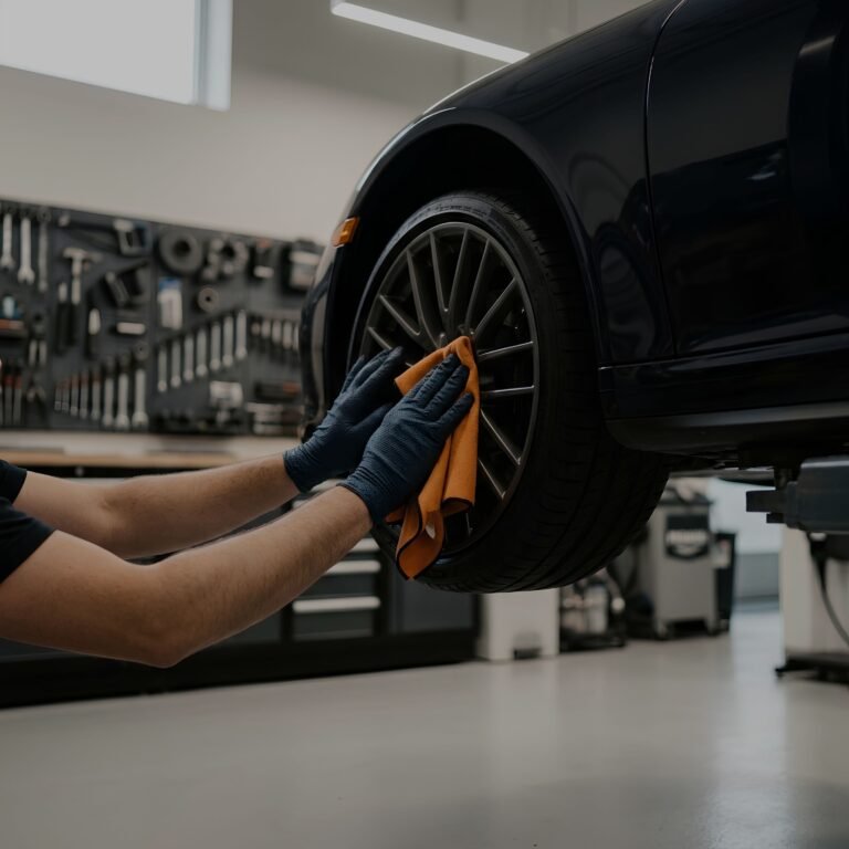 A car being detailed on a lift in a workshop