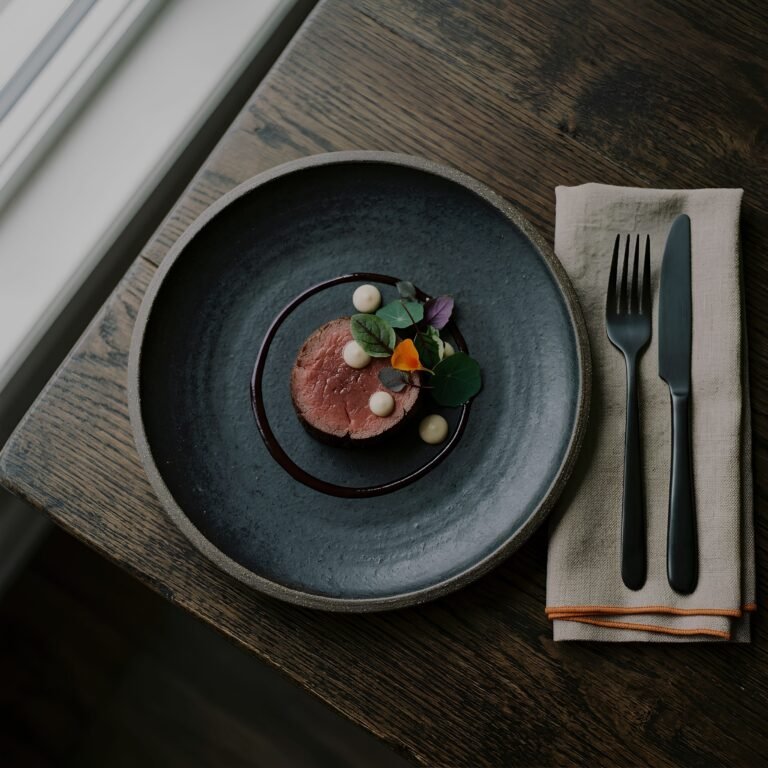 A plated dish photographed from above on a dark table