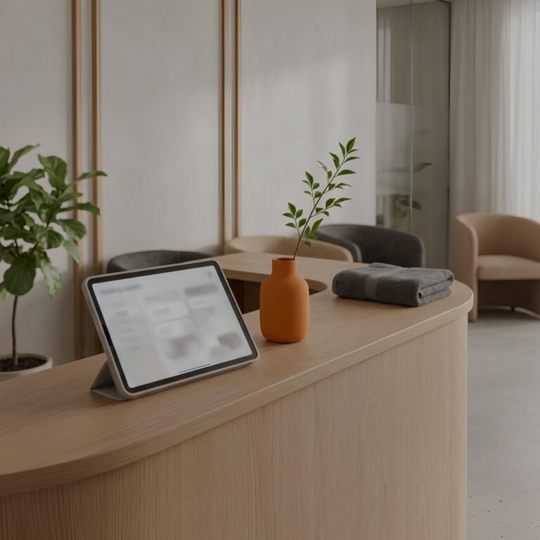 A calm clinic reception desk with a tablet check-in screen