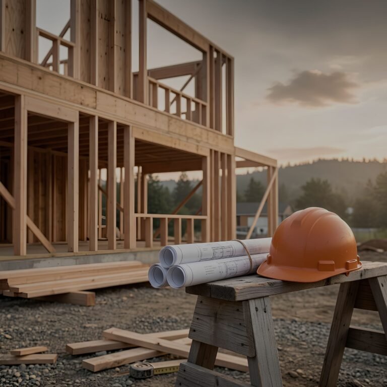 A house under construction with a hard hat and drawings on a sawhorse