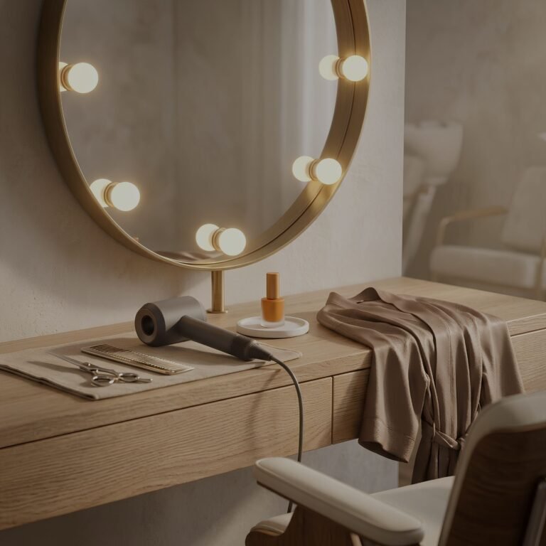 A salon station with a lit round mirror and styling tools