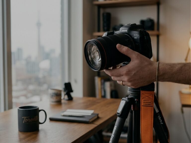 A camera on a tripod being adjusted for a shoot, Toronto skyline behind