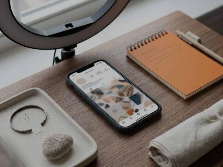 A phone showing a social media grid on a desk with a ring light and notebook