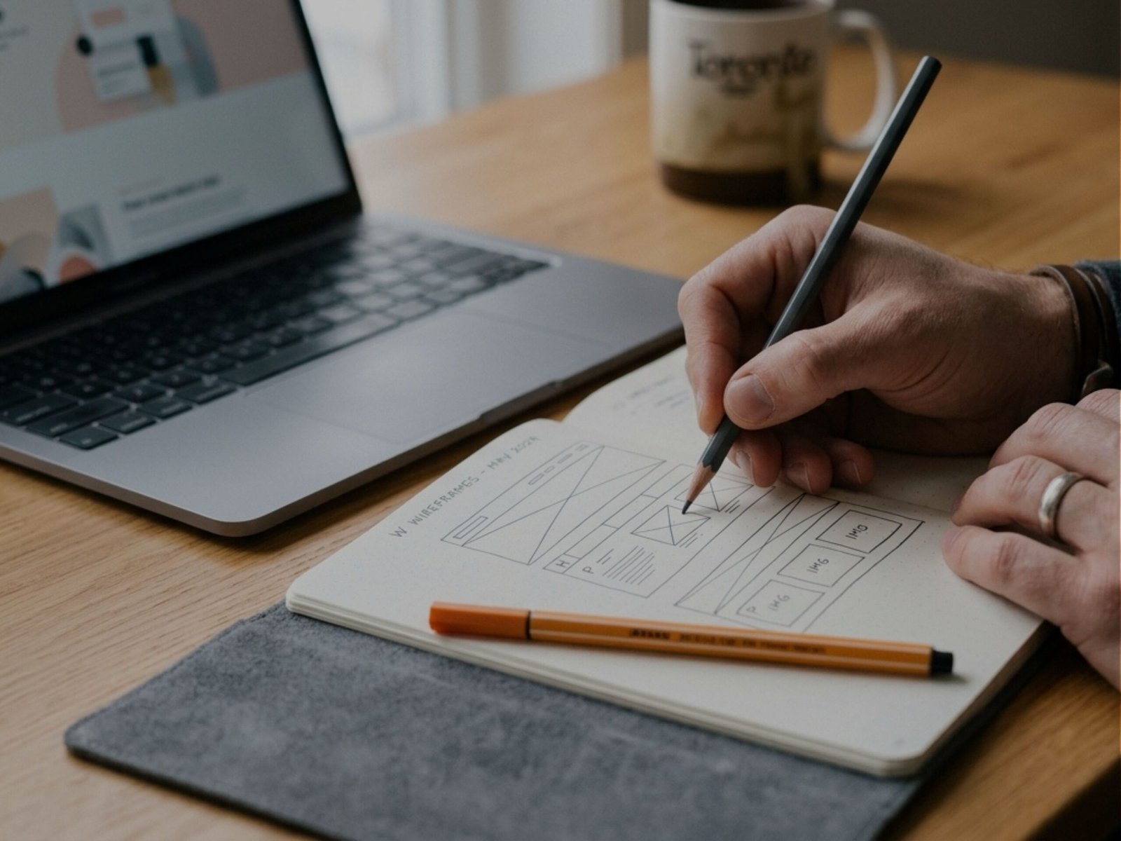 Website notes being sketched in a notebook beside a laptop