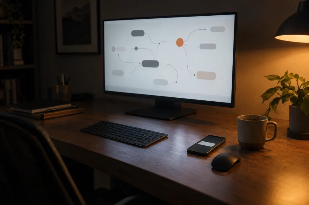 A workflow diagram on screen showing connected automation steps