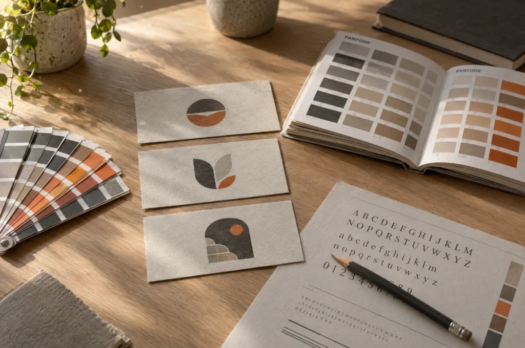 Brand identity materials laid out on a studio worktable