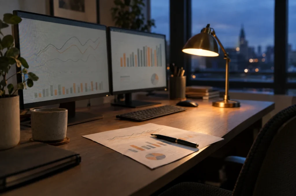 Campaign performance charts on a monitor in a working office