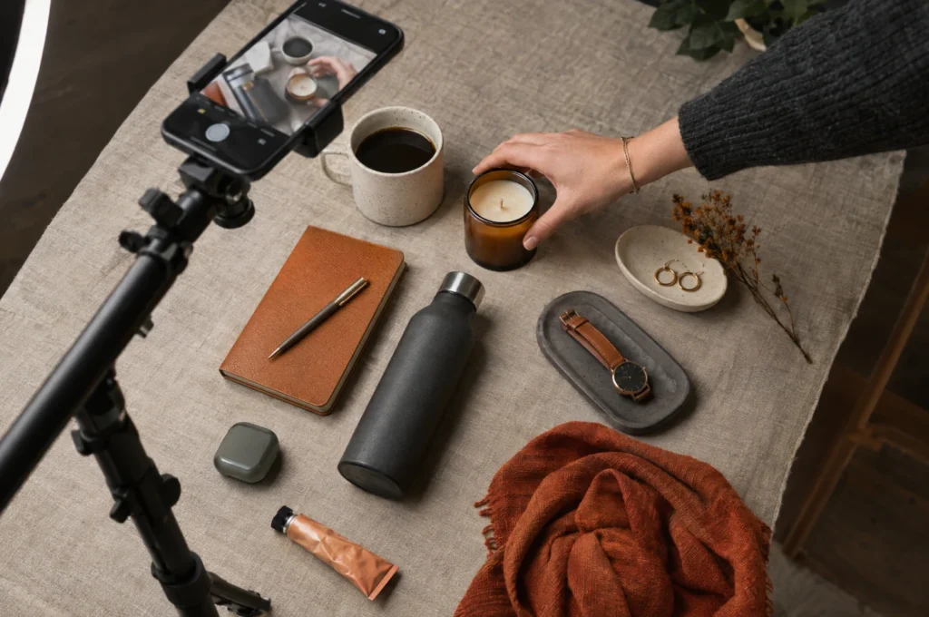 Phone on a desk showing a social feed beside shot planning notes