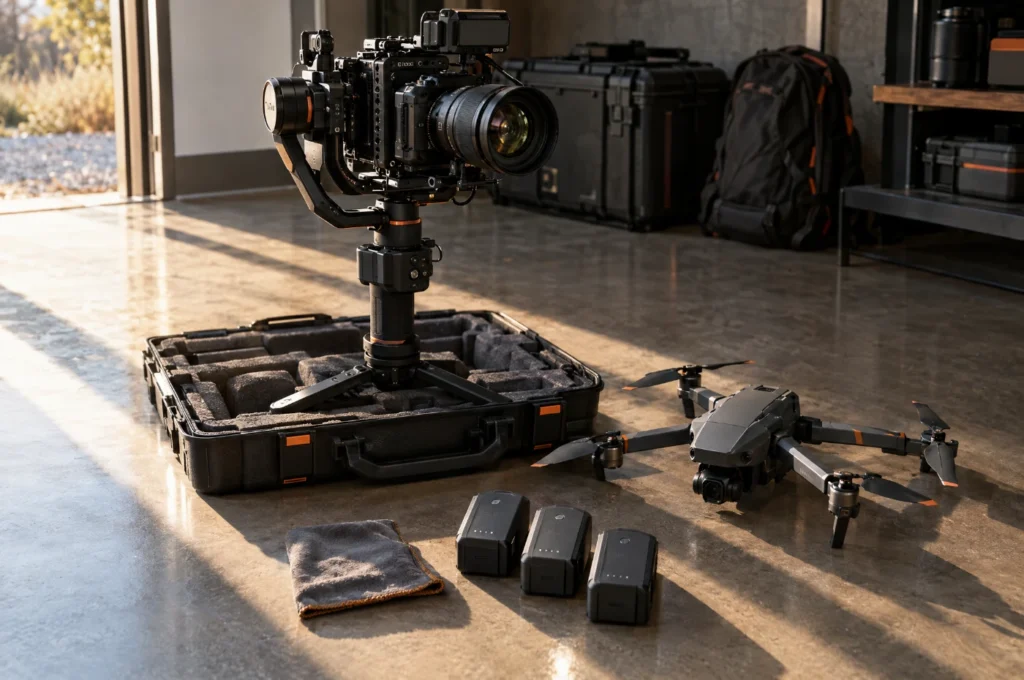 Camera on a tripod lit for a small product shoot