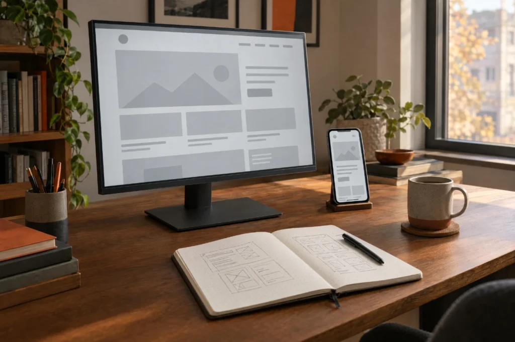 A website design in progress on a desktop screen in a bright studio