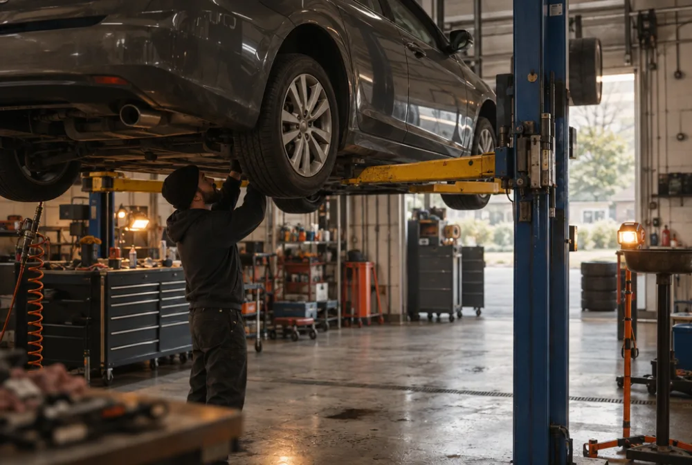 A car raised on a lift inside an independent auto shop