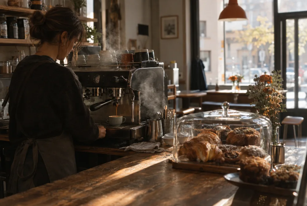 Espresso and pastries on a neighbourhood cafe counter