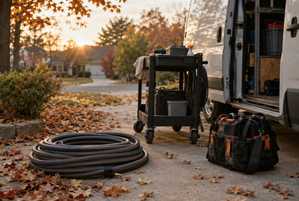 Home services equipment beside an open van in autumn