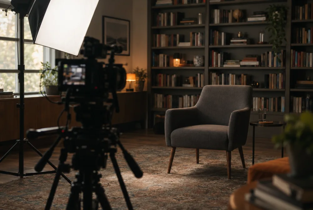 An interview film set with a cinema camera and softbox