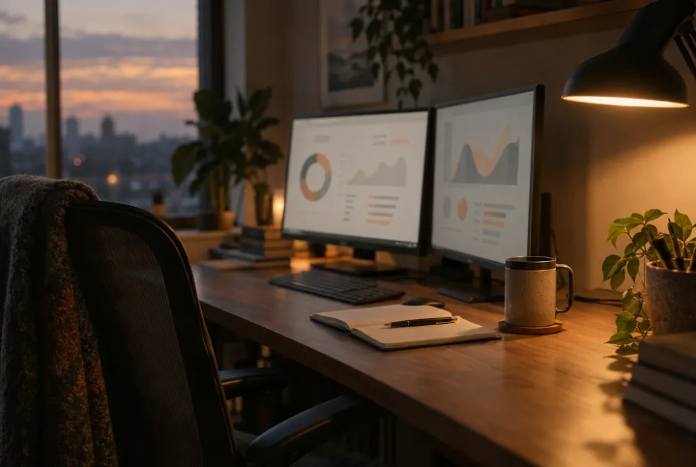 A small office desk at dusk with two monitors