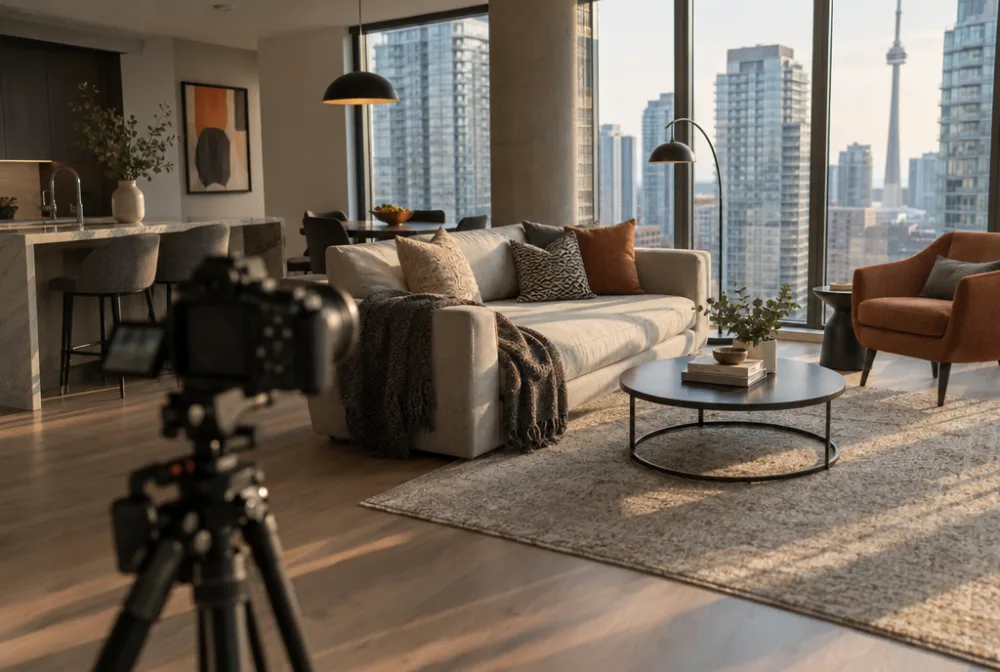 Camera on a tripod in a staged Toronto condo living room