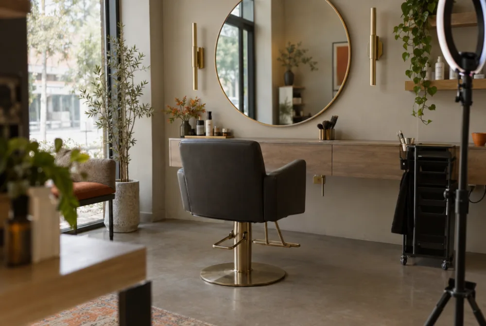 A styling chair and mirror in a bright salon