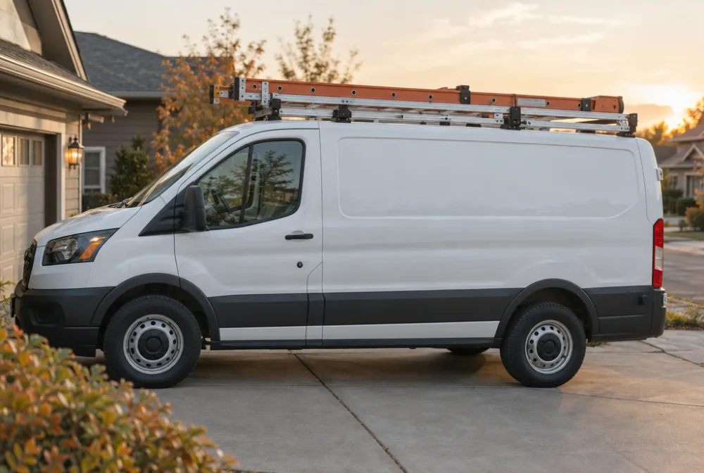 A freshly wrapped work van parked on a driveway