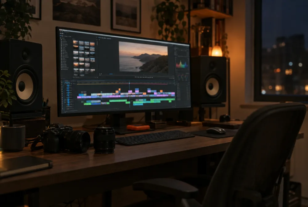 A video editing suite at night
