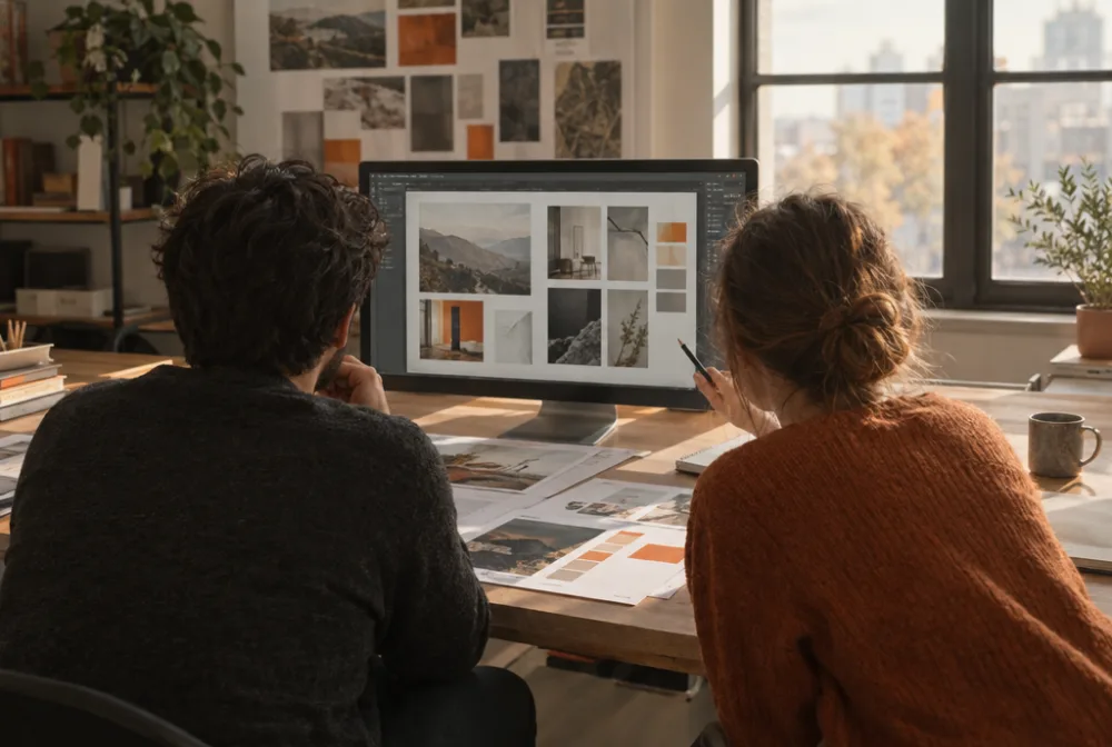 Two people reviewing design work on a studio monitor